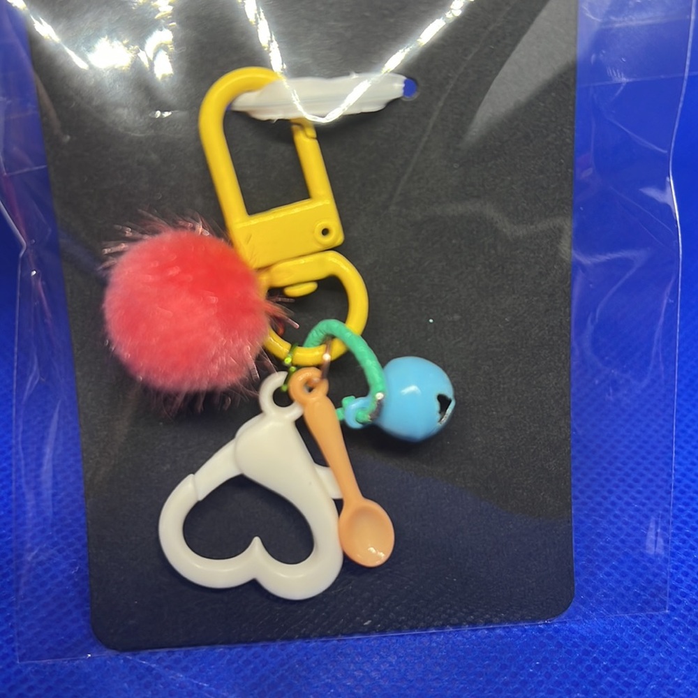 NWT Cute charm keychain heart pomPom clasp bell mini spoon pendant clip key ring